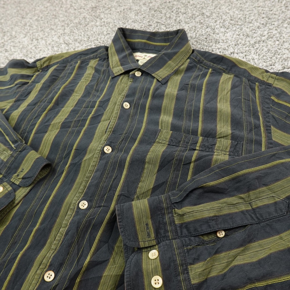Tommy Bahama Shirt Mens L Black‎ Green Striped Silk Long Sleeve Button Up Casual